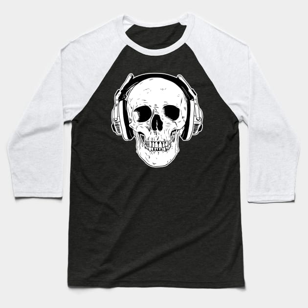 Skull Wearing Headphones Baseball T-Shirt by Black Snow Comics